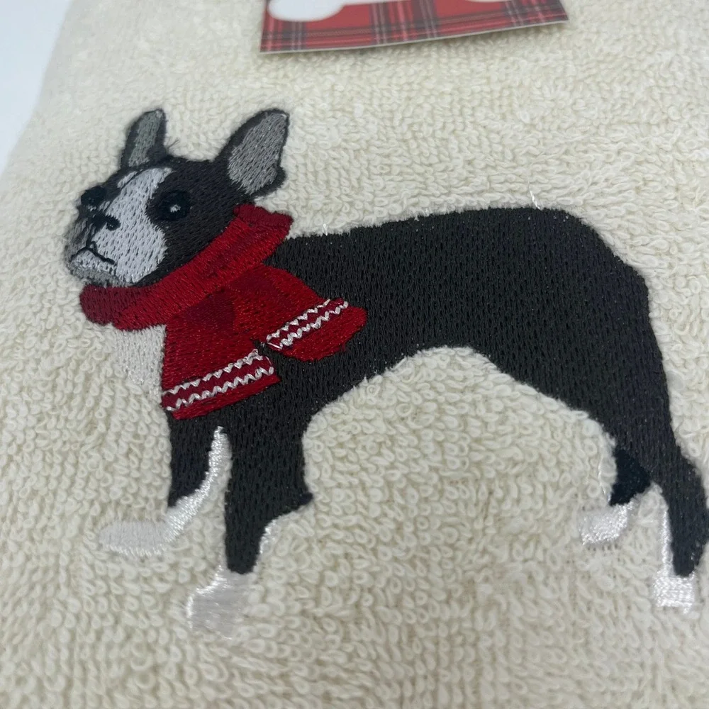Christmas Hand Towels Boston Terrier French Bulldog Dog Embroidered 2 Piece Set